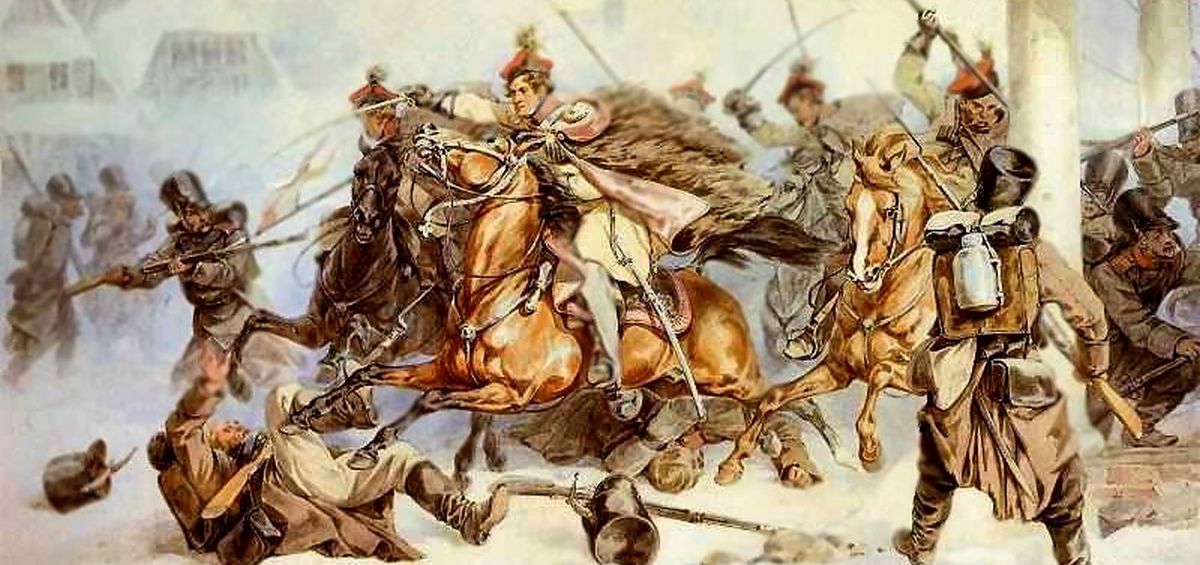 Dlaczego upadło powstanie krakowskie - obraz Akwarela Juliusza Kossaka 'Szarża krakusów na Rosjan w Proszowicach' 1846