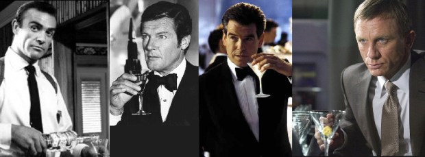Dlaczego James Bond zamawia martini wstrząśnięte nie mieszane? Zdjęcie przedstawia odtwórców postaci Jamesa Bonda: Sean Connery, Roger Moore, Pierce Brosnan, Daniel Craig