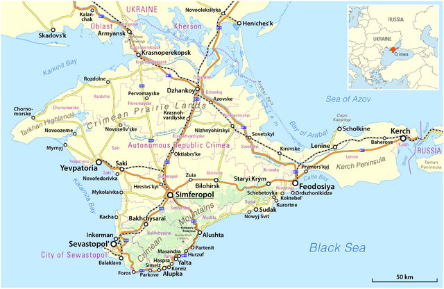 Dlaczego Nikita Chruszczow oddał Krym Ukrainie? Obraz przedstawia mapę półwyspu krymskiego (By Maximilian Dörrbecker (Chumwa) - Own work, usingOpenStreetMap datathis file for the orientation map inset, CC BY-SA 2.0, https://commons.wikimedia.org/w/index.php?curid=31740327)